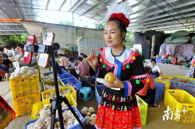 身著當(dāng)?shù)靥厣褡宸椀木W(wǎng)紅正在進(jìn)行帶貨直播。梁素雅 攝